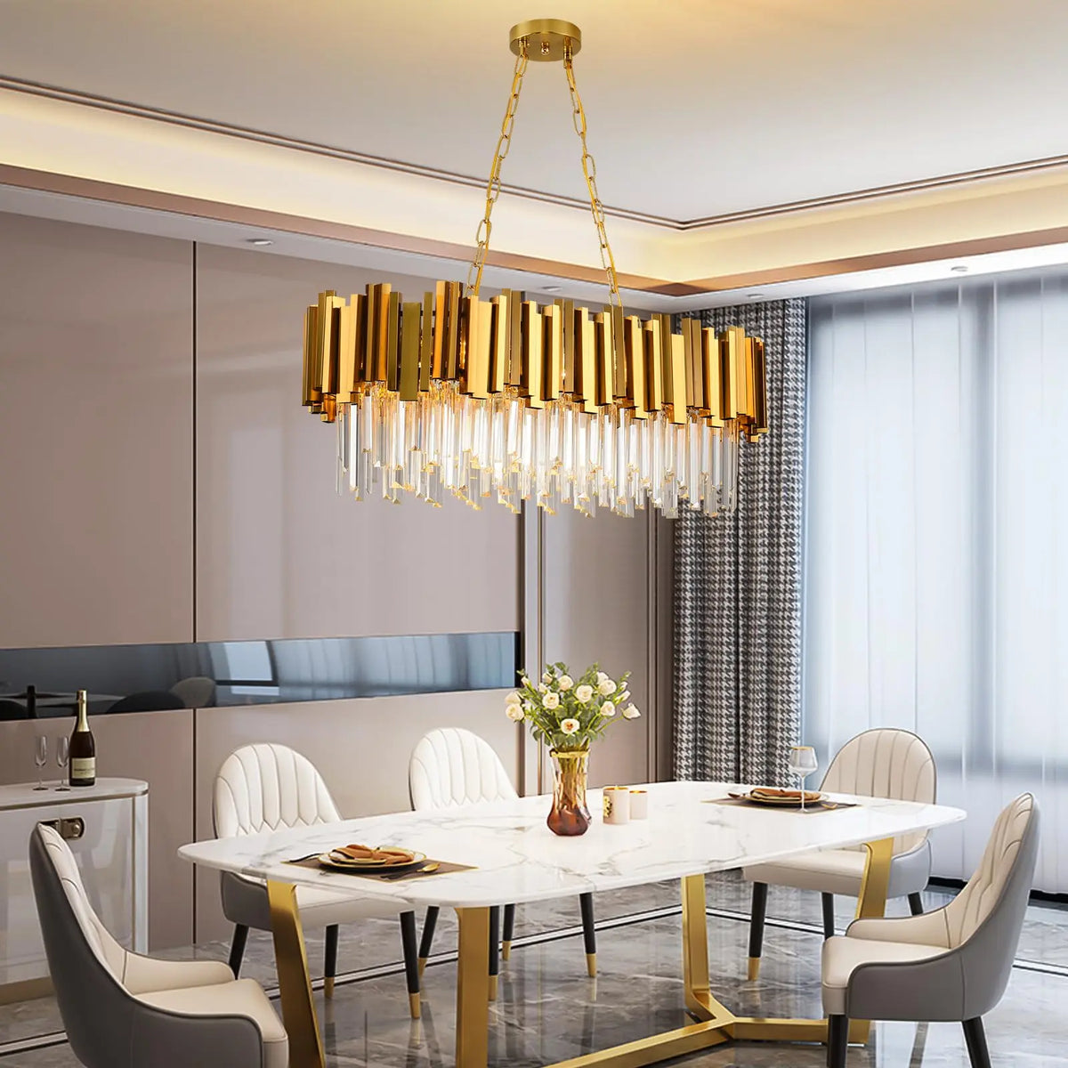 Modern Gold Crystal Chandelier, Luxury Oval Chain K9 Crystal Chandelier Light Fixture-kitchen island/dining room/living room/bar