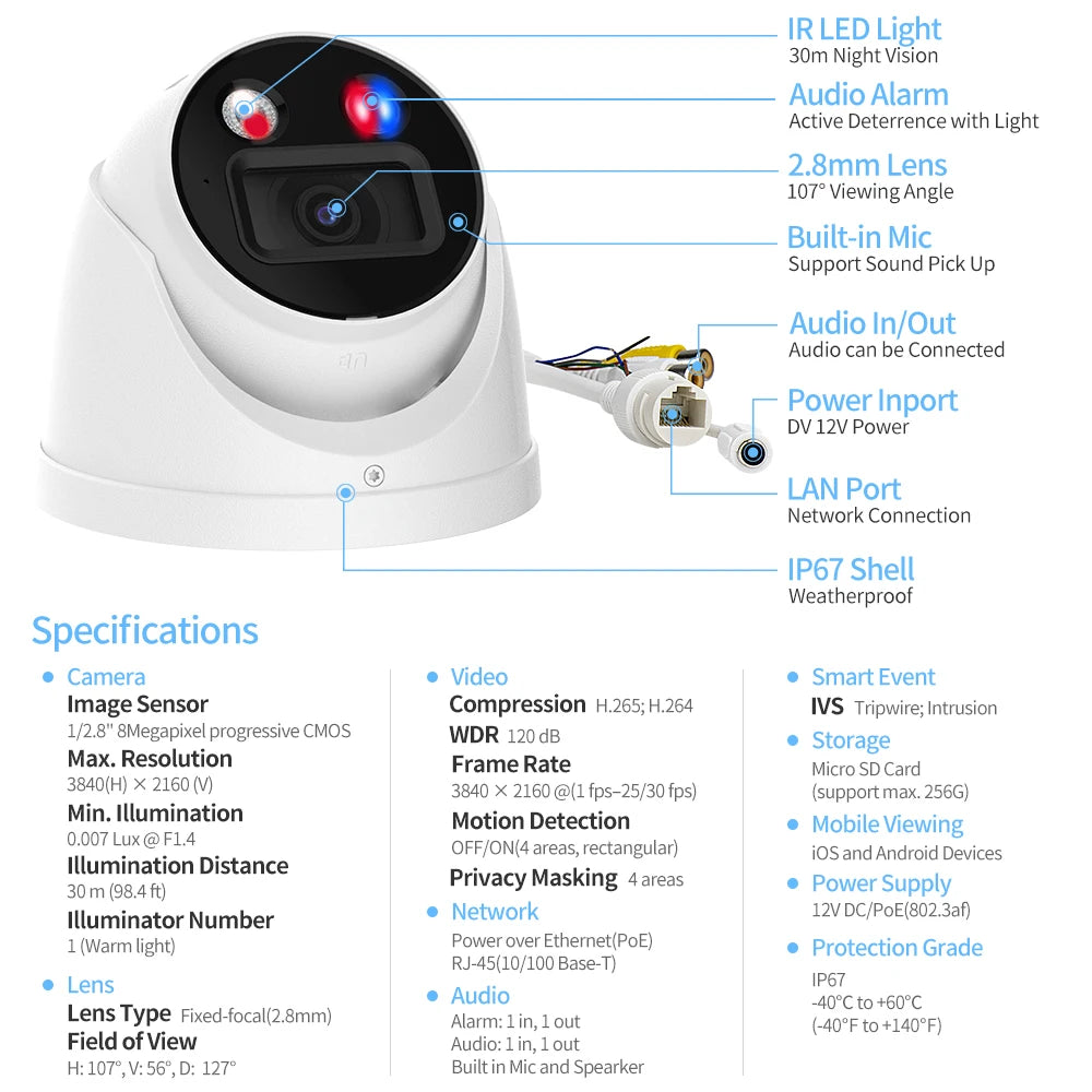 8MP TiOC 4K Color IP Camera with Smart Dual Light Active Deterrence Two-Way Talk WizSense Sound Red Blue Light Alarm
