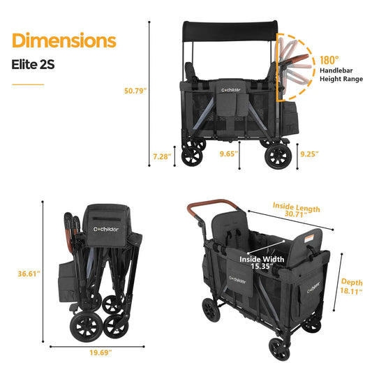 Foldable 2-seater baby stroller, outdoor storage cart, portable camping vehicle, shock-absorbing, detachable sunshade