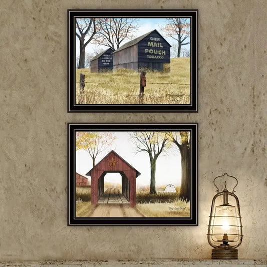 2-Piece Vignette Mail Pouch Barn & Buck County Bridge Black Framed Wall Art for Living Room & Bedroom Decor by Artist Billy