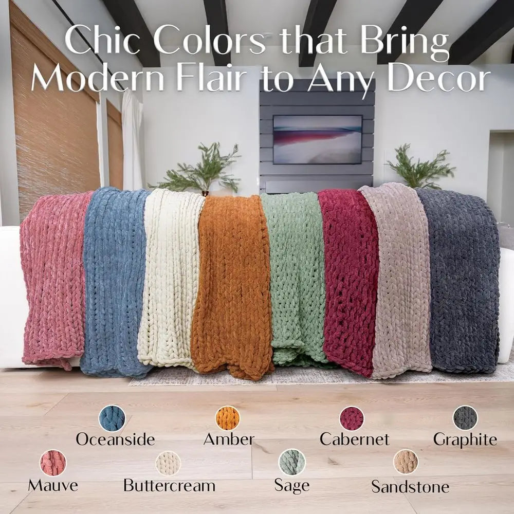 Knit Blanket Throw 50x60, Cream Chenille Chunky Knit Throw Blanket for Living Room Decor or Boho Decor, Thick Yarn Knitted Blank