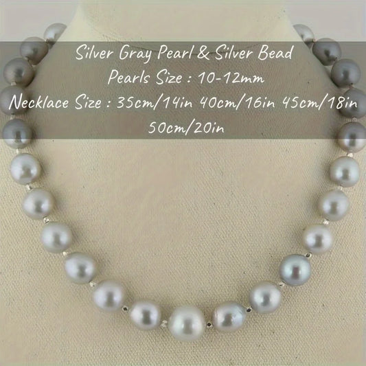 MYSOYA 10-12mm Classic Large Natural Gray Freshwater Pearl Necklace With Gift Box Birthday Wedding Christmas Valentines Day Gift