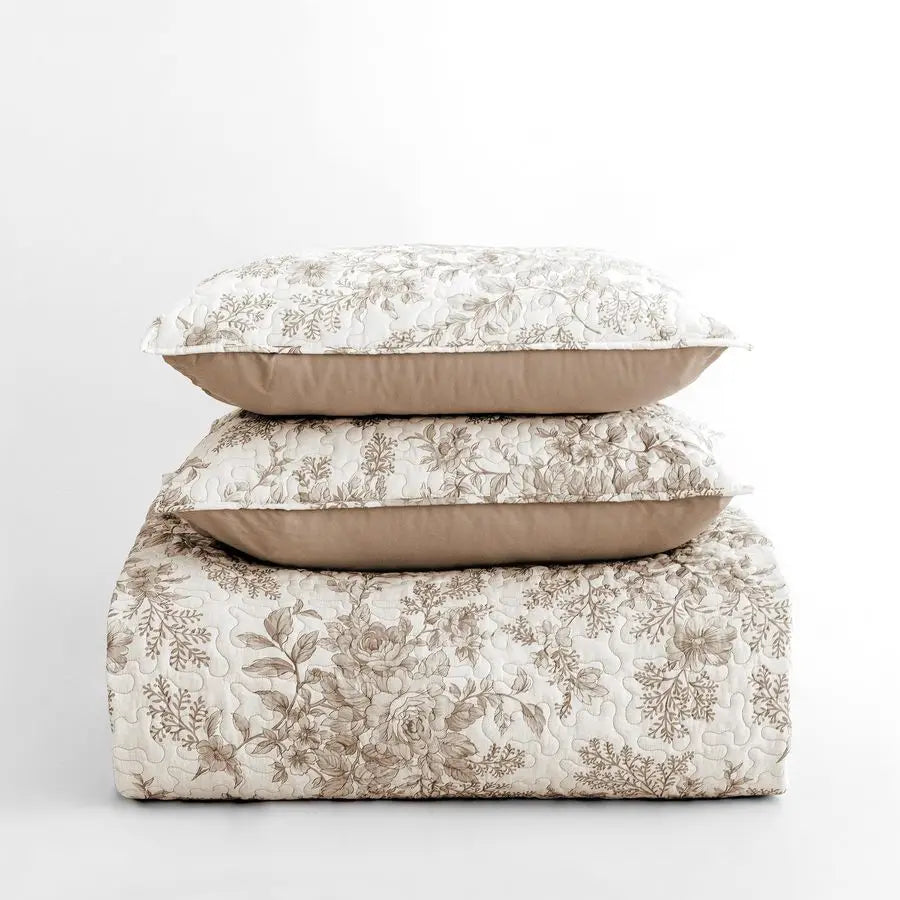 Floral Cotton Quilt King Size Stitch Bedding Set, Taupe Lightweight Comforter Cabin Blanket Farmhouse Bedspread with Pillow Sham