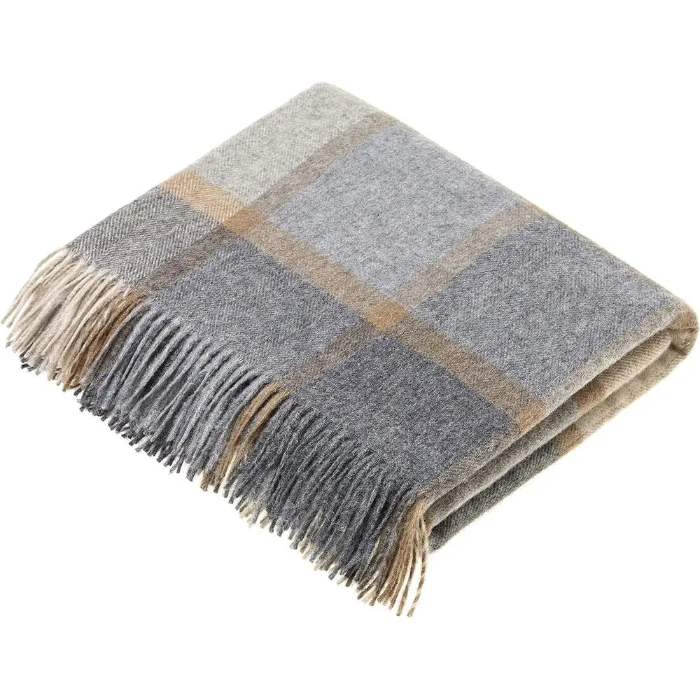 Merino Wool Plaid Blanket, Block Windowpane Pattern, Beige & Grey, Handcrafted in UK