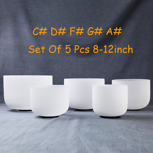 Crystal Singing Bowl Set, 432hz High Pitch C# D# F# G# A# 8-12 Inch 5Pcs Frosted Quartz Sound Bowls for Yoga