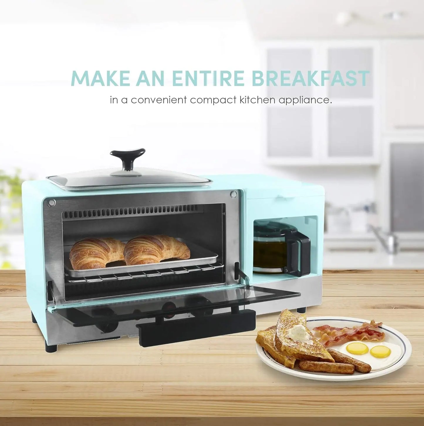 Americana 2-Slice Griddle with Glass Lid, 3-in-1 Breakfast Station, 4-Cup Coffeemaker, Toaster Oven, Blue