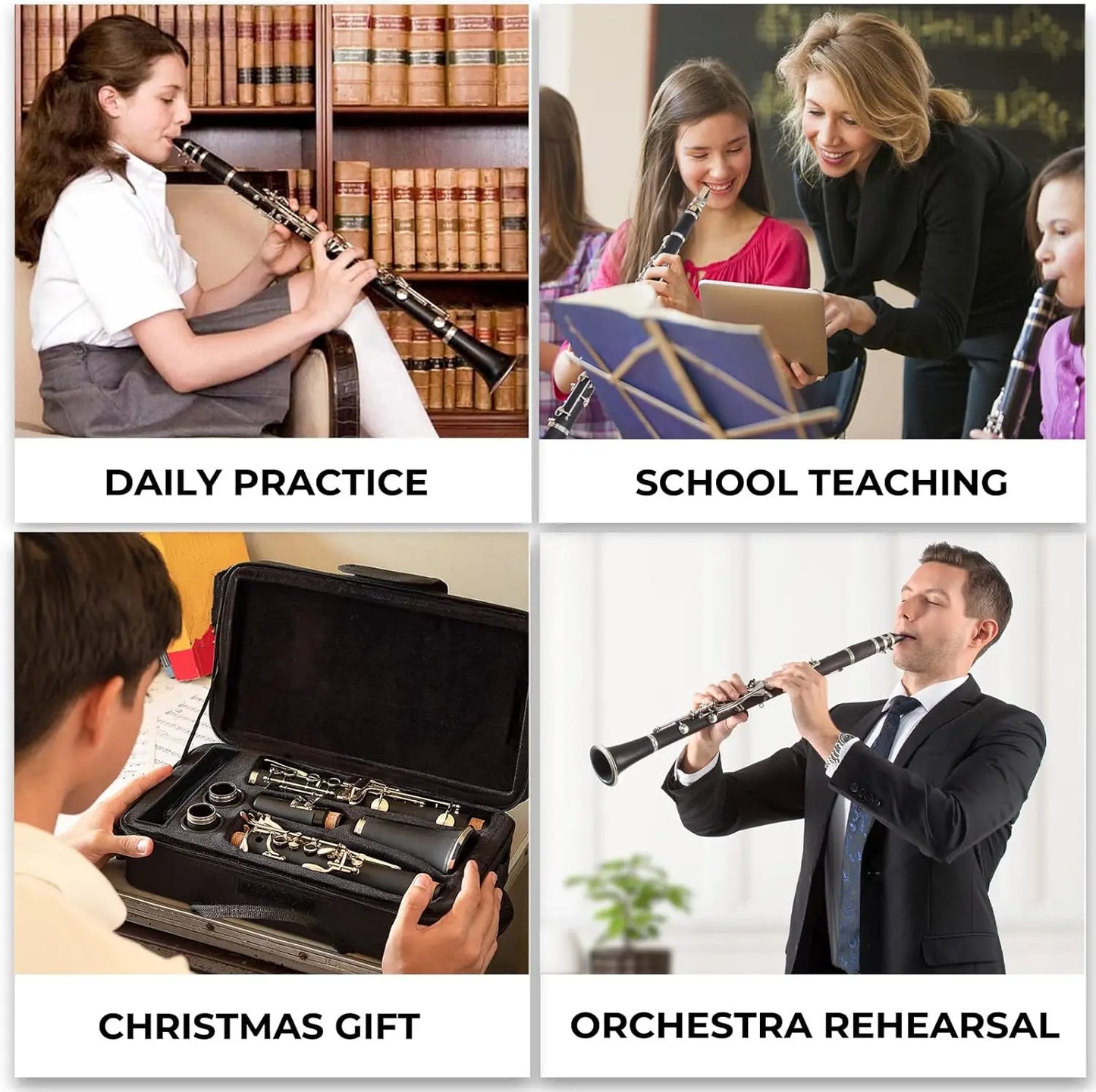 Bb Clarinet for Beginners, Nickel-Plated with Hard Case, Stand, Cleaning Kit & Accessories for School Band