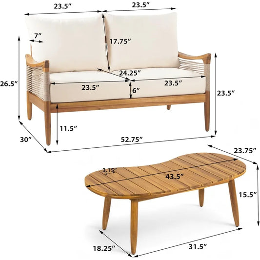 2 Pieces Outdoor Patio Furniture Set with Woven Rope Design Thick Cushioned Loveseat and Acacia Wood Coffee Table for Backyard