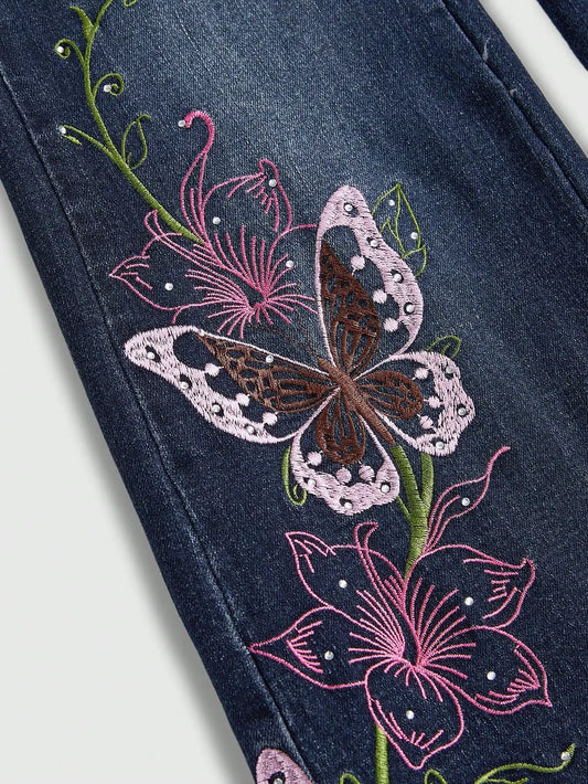Women's Y2K Butterfly Embroidery Rhinestone Flare Jeans, Low Waist Denim with Floral Design