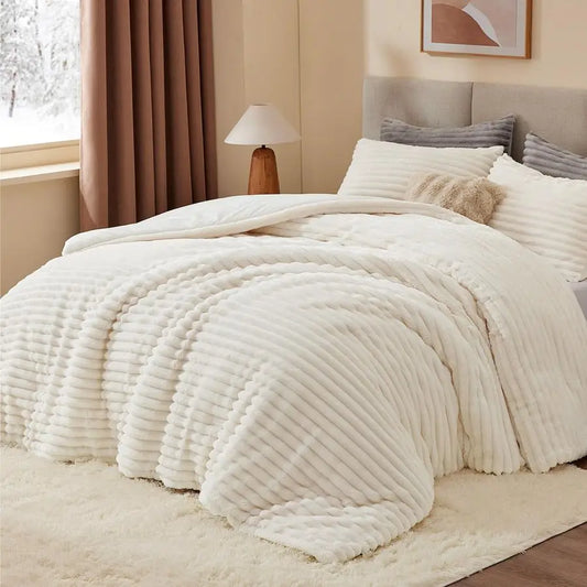 Fleece Queen Comforter Set Super Soft amp Warm Fluffy Cream White Bedding, Luxury Fuzzy Heavy Bed Set for Winter with 2 Pillow C