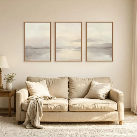 Large Abstract Neutral Beige Framed Canvas Wall Art, Modern Watercolor Lakes Decor for Living Room Bedroom Office - 16x24 Inches