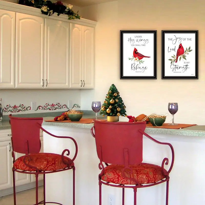 2-Piece Vignette Wall Art - "The Lord is My Strength" with Red Cardinals, Black Frame for Living Room and Bedroom Decor by