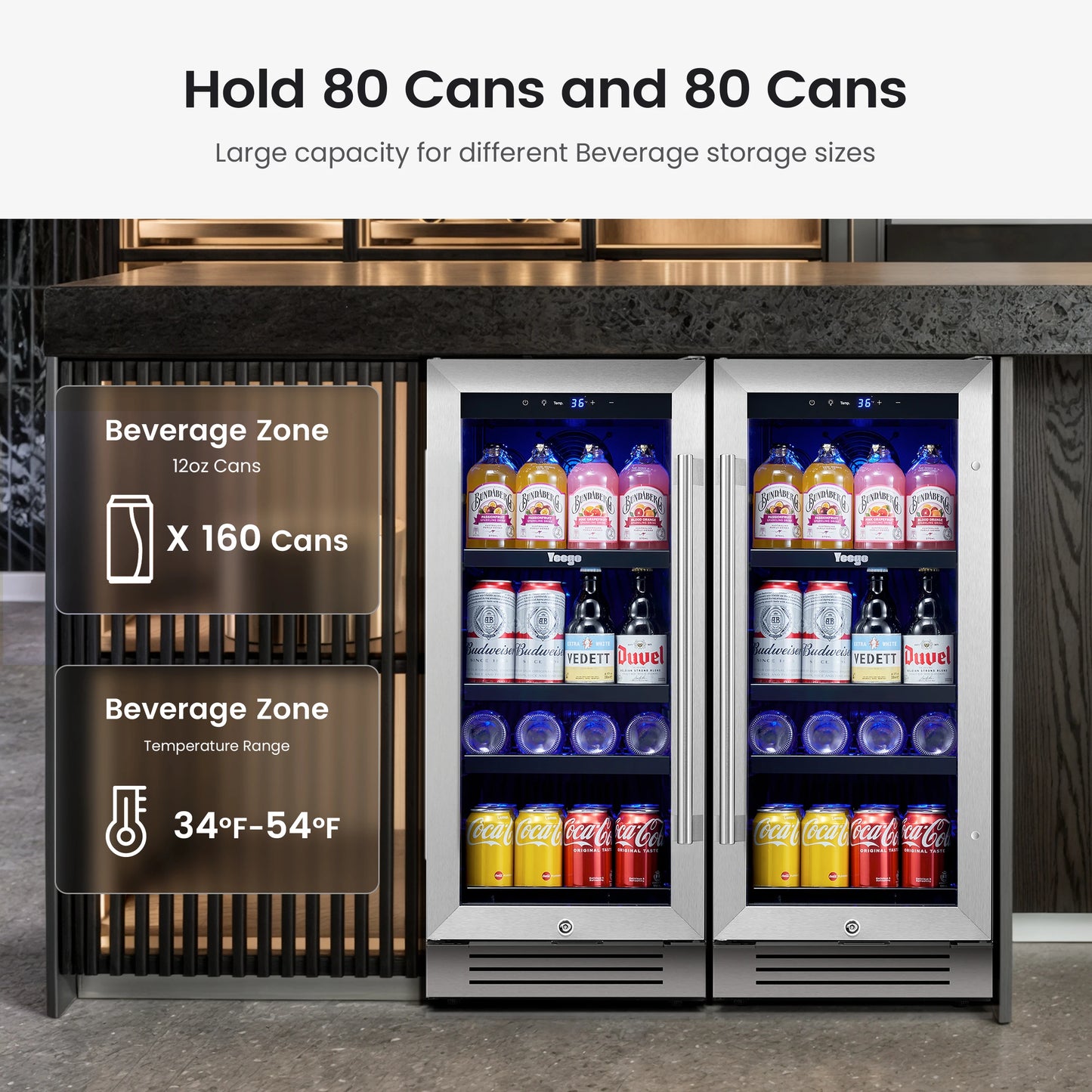 Yeego 85L Beverage & Wine Cooler 2-Pack Combo | 80 Can Storage, 1-12°C Adjustable Fan Cooling, Auto Defrost,Ideal for Home