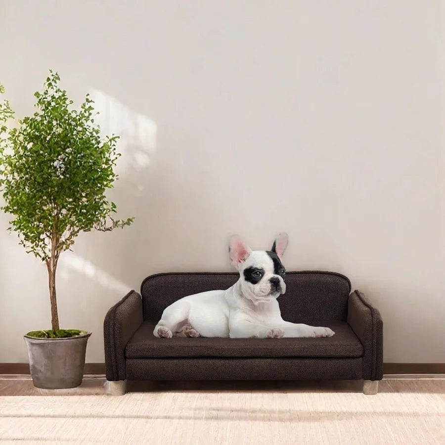 Big Sized Dog Bed with Wooden Frame for Large Medium Pets - Premium Linen Fabric Pet Sofa Couch with Washable Cushion Ideal for