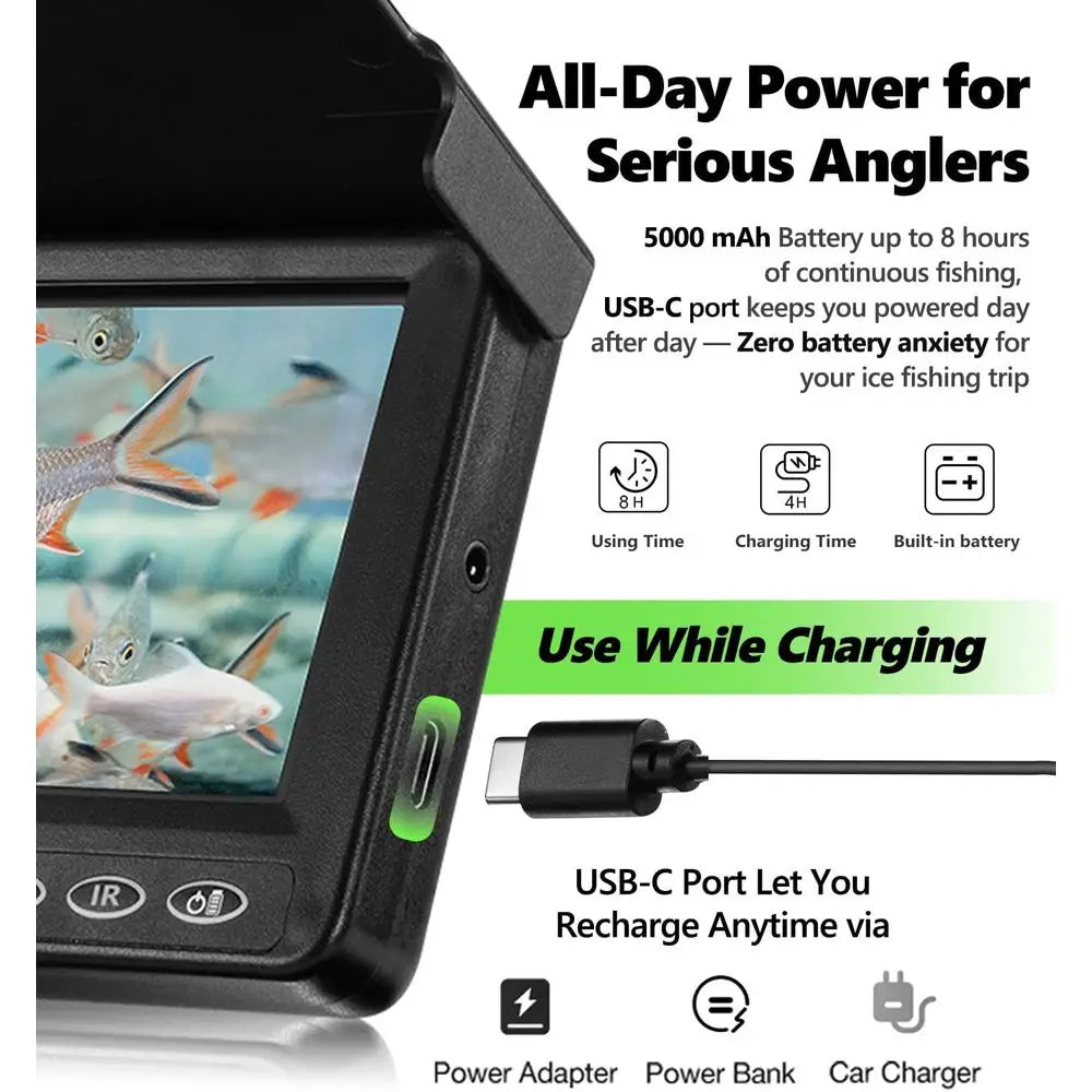 Portable 4.3 Underwater Fishing Cam with 1000 TVL, 65ft Magnetic Spool, IR, USB-C, 5000mAh Battery for Ice & Lake Fishing