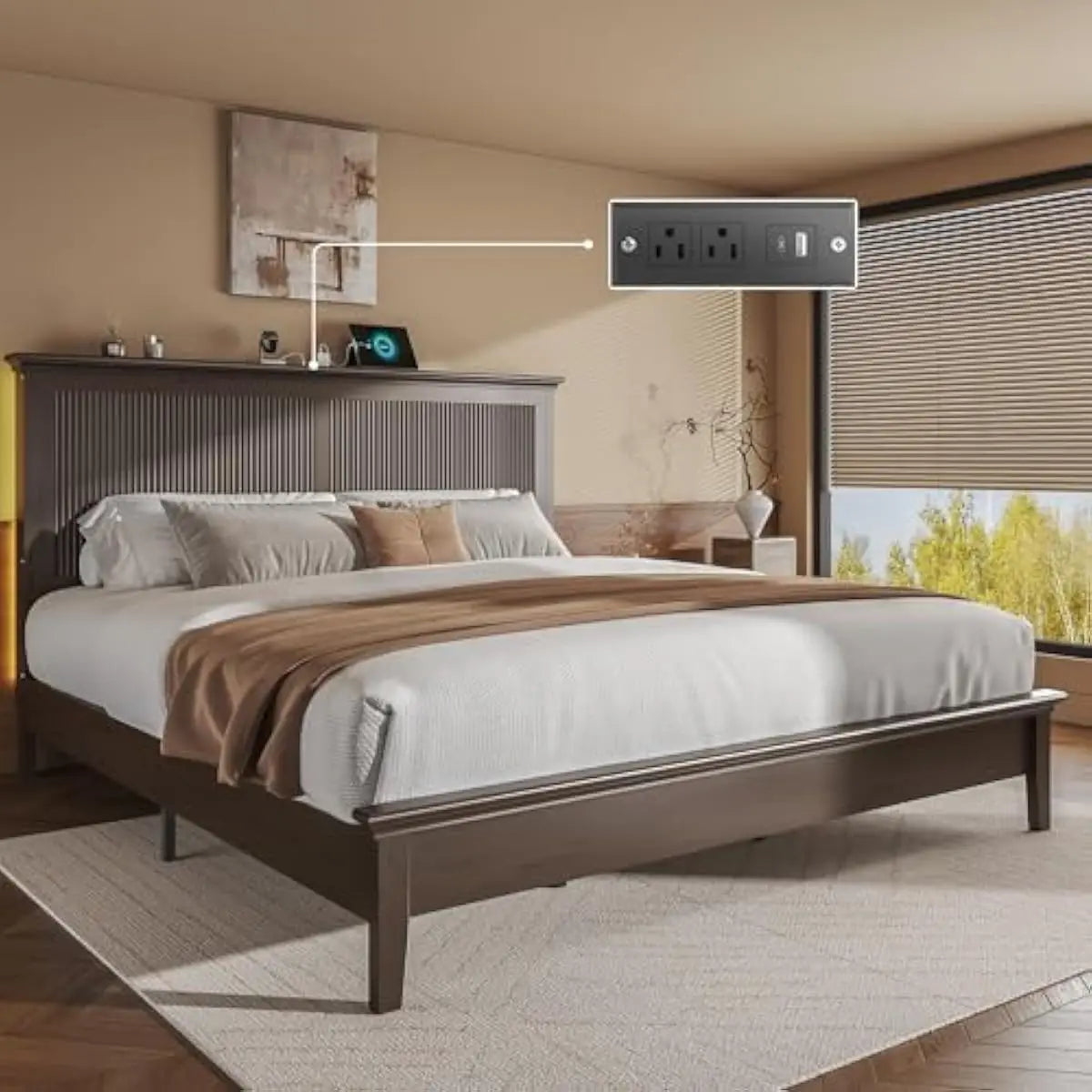 Queen Bed Frame Solid Wood And Metal Construction Tall 41 Inch Headboard With Built In USB Charging Port Smart RGB LED Lighting