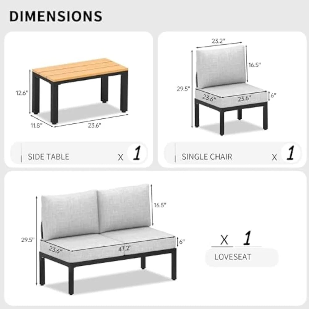 4 Piece Patio Conversation Set, Outdoor Sectional Furniture with Loveseat, Single Chair, 6" Washable Cushions, Beige
