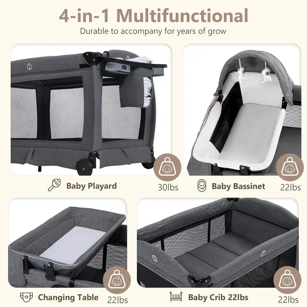 Convertible 4-in-1 Foldable Playard with Bassinet, Changing Table, and Canopy for Babies and Toddlers, Portable Newborn Crib Bed