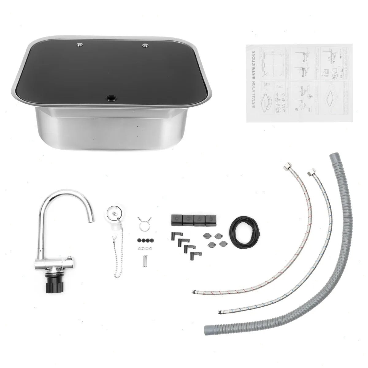 Kitchen Sink, Rv Sink, Water Sink, 304 Stainless Steel, Bathroom Camper, Faucet and Accessories Kit, Black Tempered Glass Cover, Dual-use Countertop, Motorhome, Modern, Corrosion Resistant, Easy Install