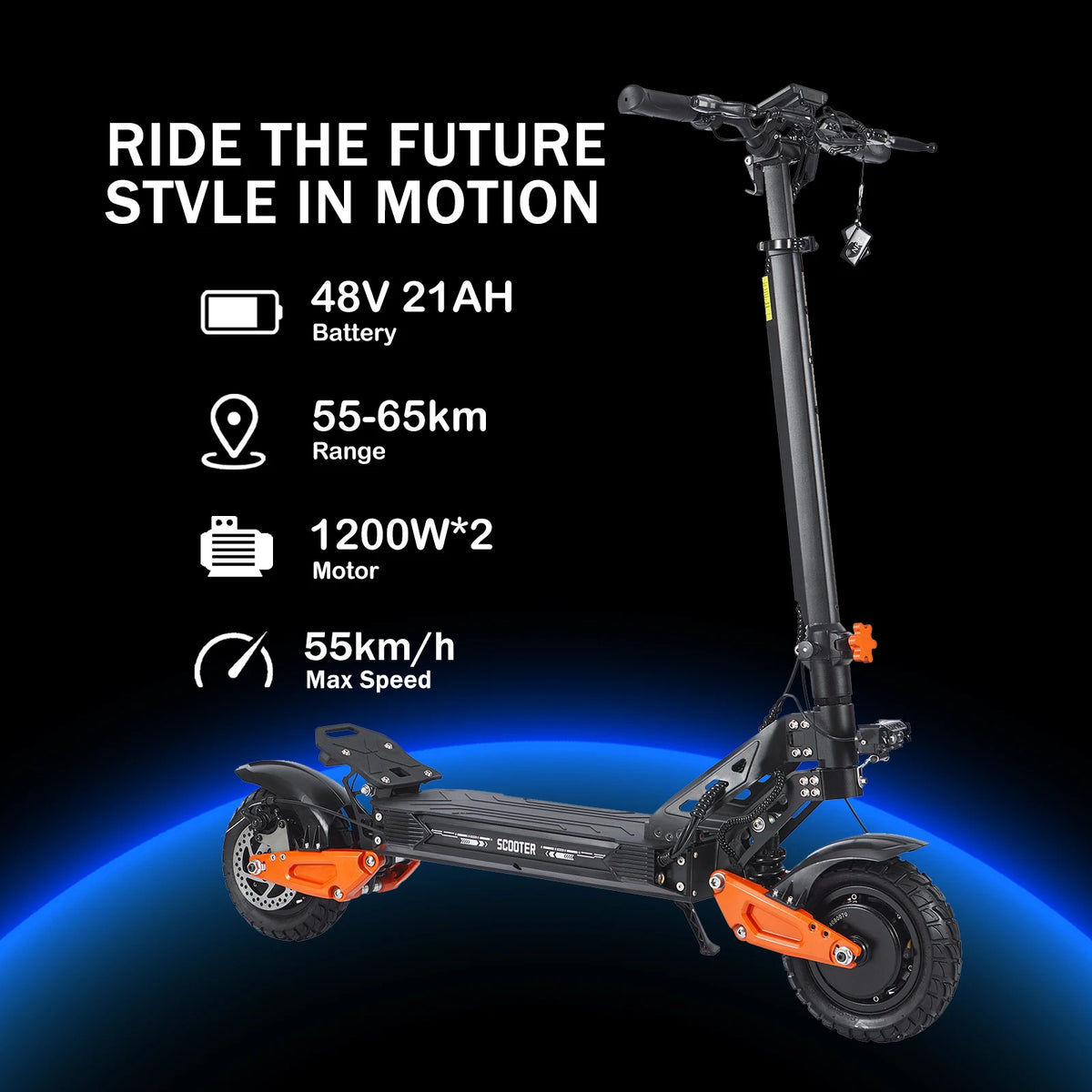 Single Drive Foldable Two-wheel Electric Scooter 1200W Brushless Motor 48V 18Ah Lithium Battery 50-60km Range
