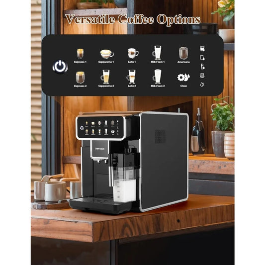 Fully Automatic Espresso Machine 12 Cup Coffee Maker One-Touch Cappuccino/Latte/Americano/Espresso with Self-Cleaning & Adjustab