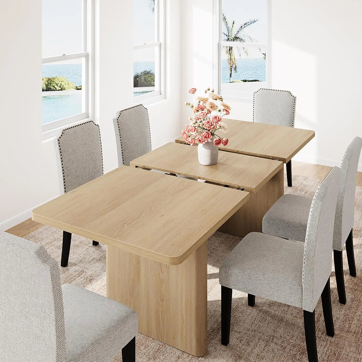 63-82.7 Inch Extendable Dining Table For 8-10, Farmhouse Rectangle Kitchen Table With Rounded Corners, Wood Base For Dining Room
