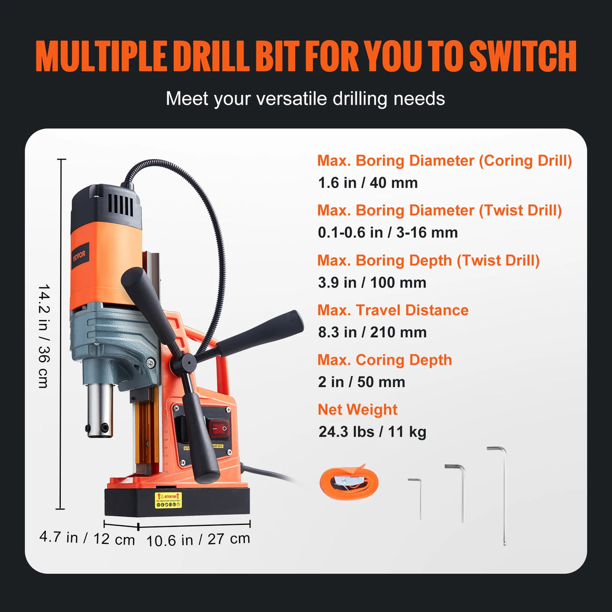 SucceBuy 1300/1550W Drilling Machine Magnetic Drill Portable Electric Mag Drill Press 0-500 RPM Variable Speed for Metal Surface