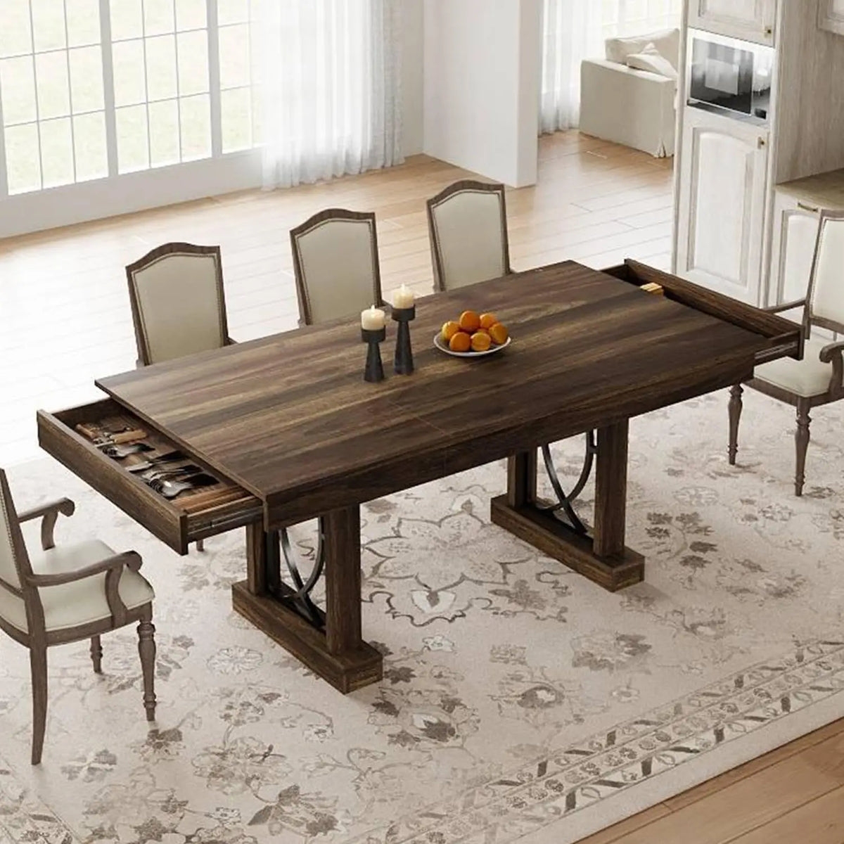 71 Inch Dining Table For 6-8, Large Rectangular Kitchen Table With 2 Storage Drawers, Double Pedestal Wood Table For Dining Room