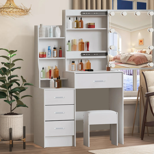 White Makeup Dressing Table W/ Lights Sliding Mirror 4 Drawers Vanity Desk Stool