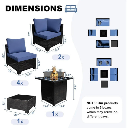 8-Piece Outdoor Patio Furniture Set with Fire Pit Table 28' Wicker Sectional Sofa Conversation Set with Cushions for Garden