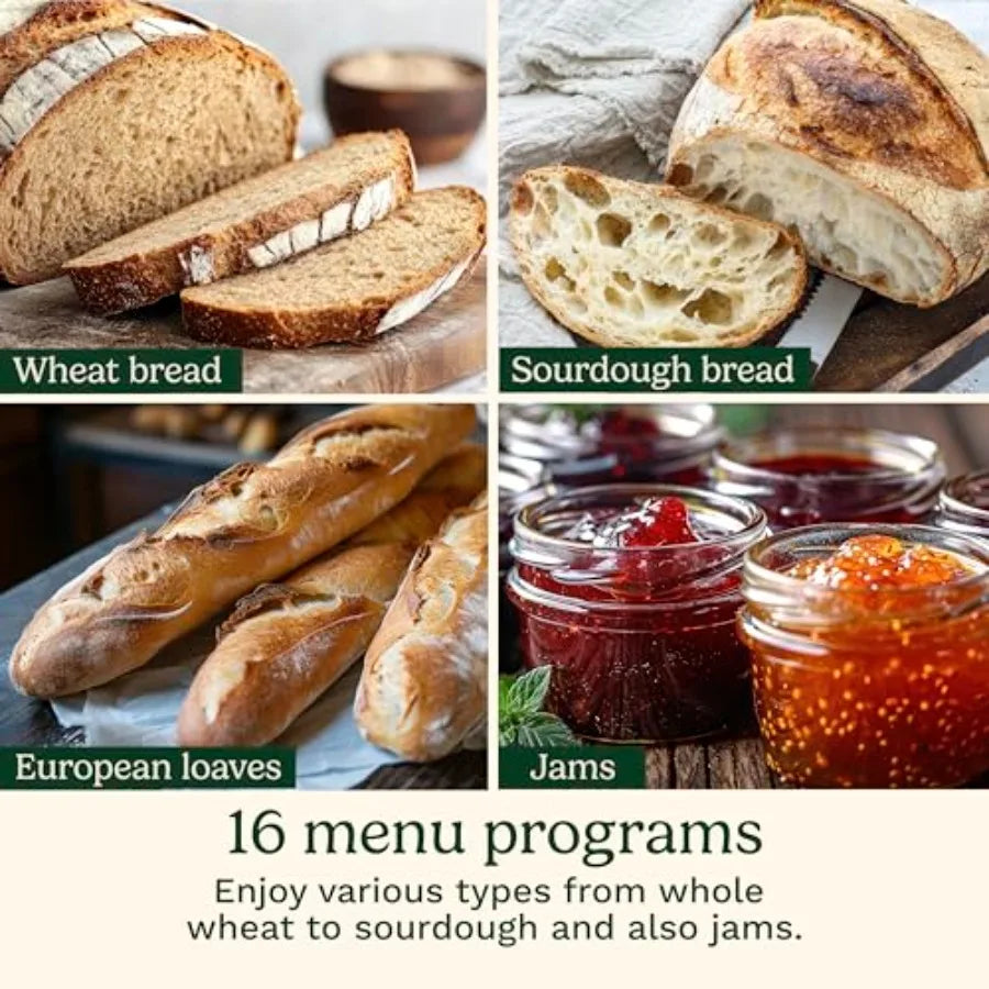Bread Maker Machine for home baking, stainless steel body, silver color, 16 menu programs and 2-lb loaf capacity