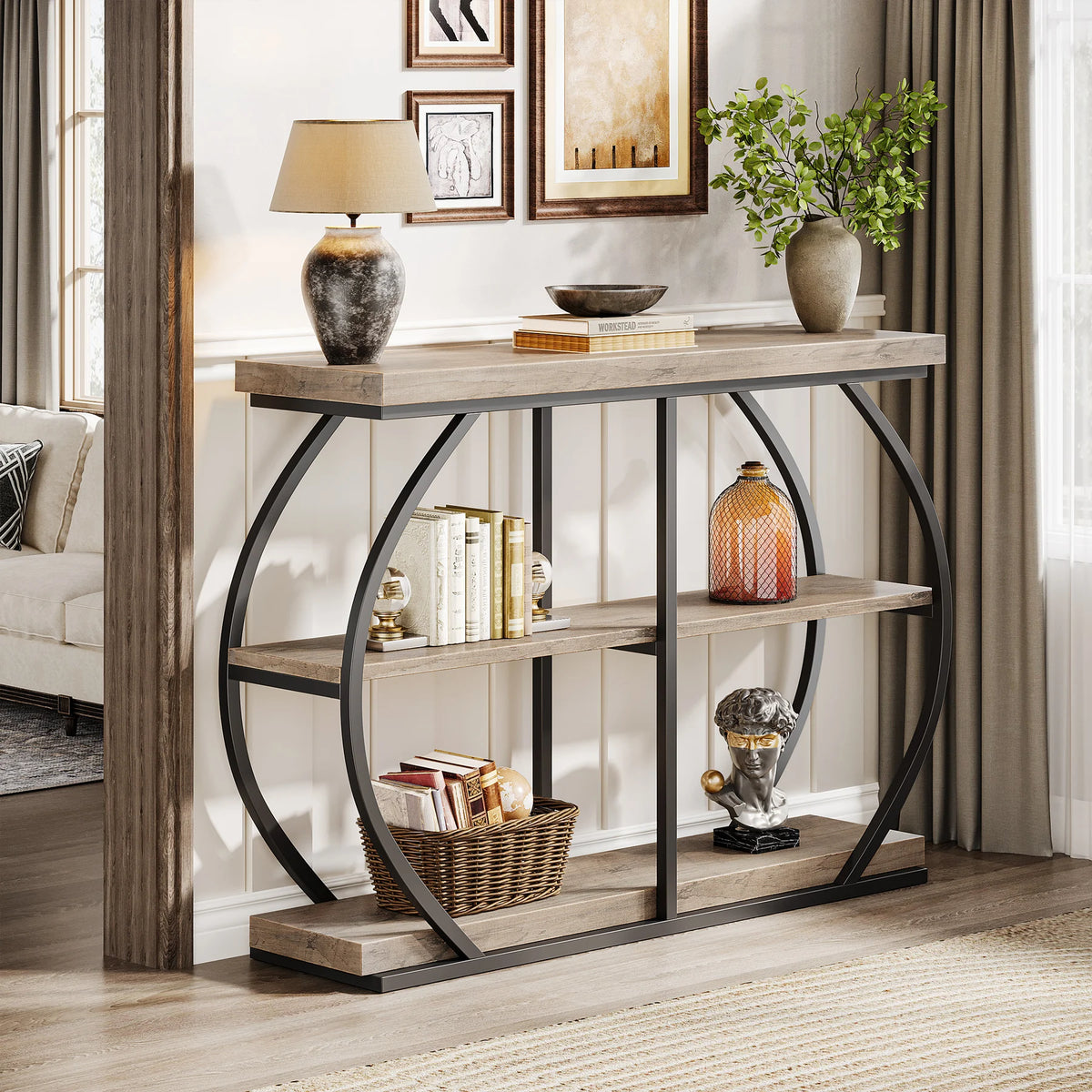 Tribesigns 41.3" Console Table, Industrial 3-Tier Entryway Table with Arched Metal Frame and Storage Shelves for Living Room