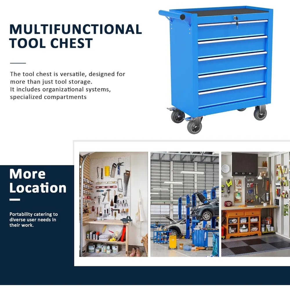Metal Rolling Tool Chest with 5 Drawers, Lockable Storage Cabinet on Wheels for Garage and Warehouse Organization