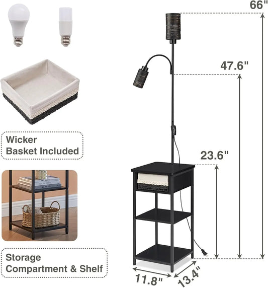 Floor Lamp with End Table, Wicker Drawer & Shelf, 2 Bulbs Included, Small Space Nightstand for Bedroom, Living Room