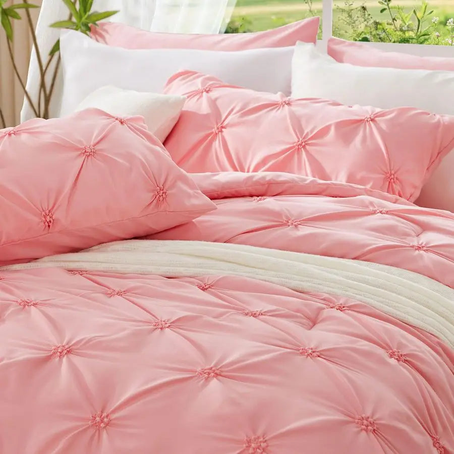 Pink Comforter Set Queen 3 Pieces Boho Pintuck Bedding Comforter Sets, Lightweight Soft amp Warm Bed Comforter Queen with 2 Pill