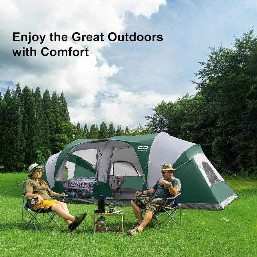 Tent 12PersonCampingTents3 Room Family Tents Waterproof Windproof Family Tent with Top Rainfly 6 Large Mesh Windows Double Laye