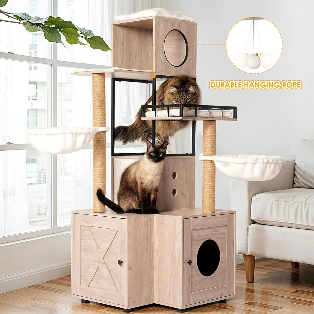wooden cat litter box enclosure with integrated cat tree, tower, condo, removable cushions, scratching posts, and dual hammocks