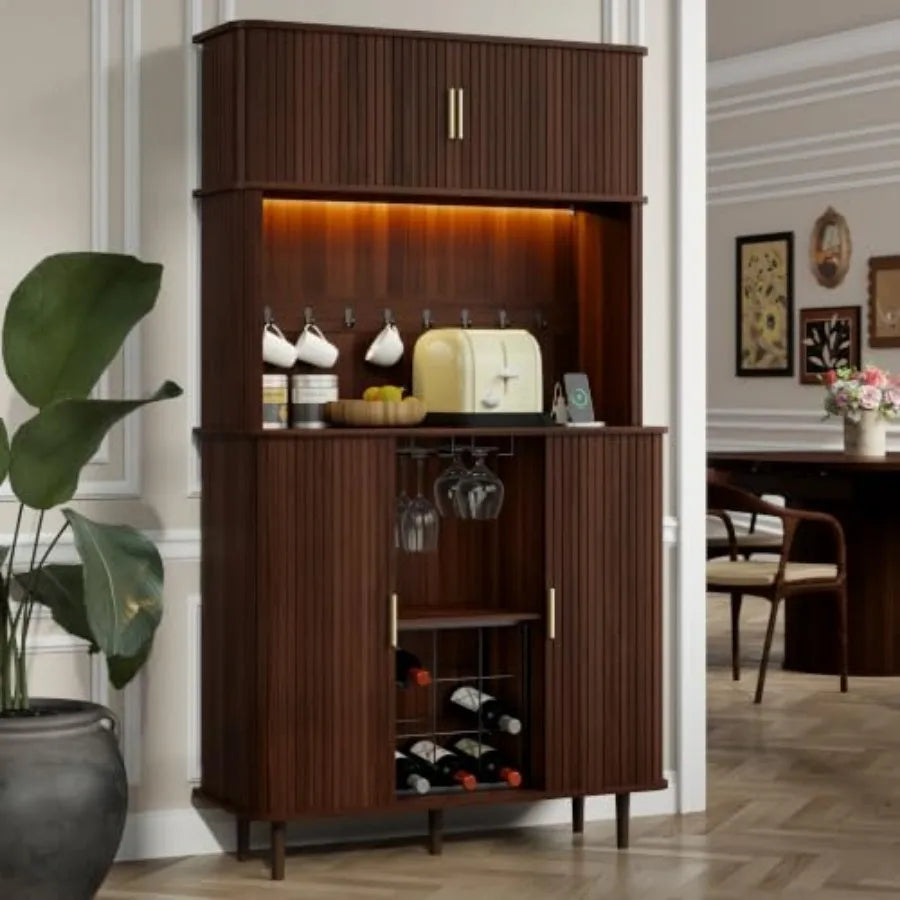 71" Tall Wine Bar Cabinet with Storage and Wine Rack, Fluted Liquor Cabinet, Modern Coffee Bar Cabinet with LED Lights and Powe