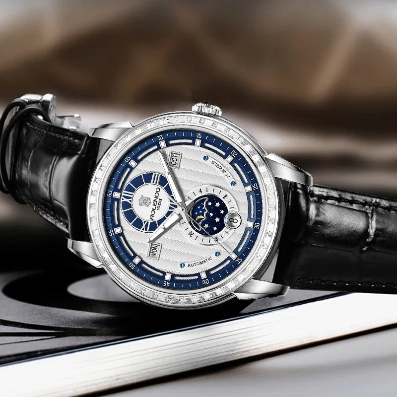ROLENDO High-end Diamond-set Automatic Watch for Men 43mm Mineral Crystal Luminous Full Calendar Leather Strap 5ATM Luxury Gift