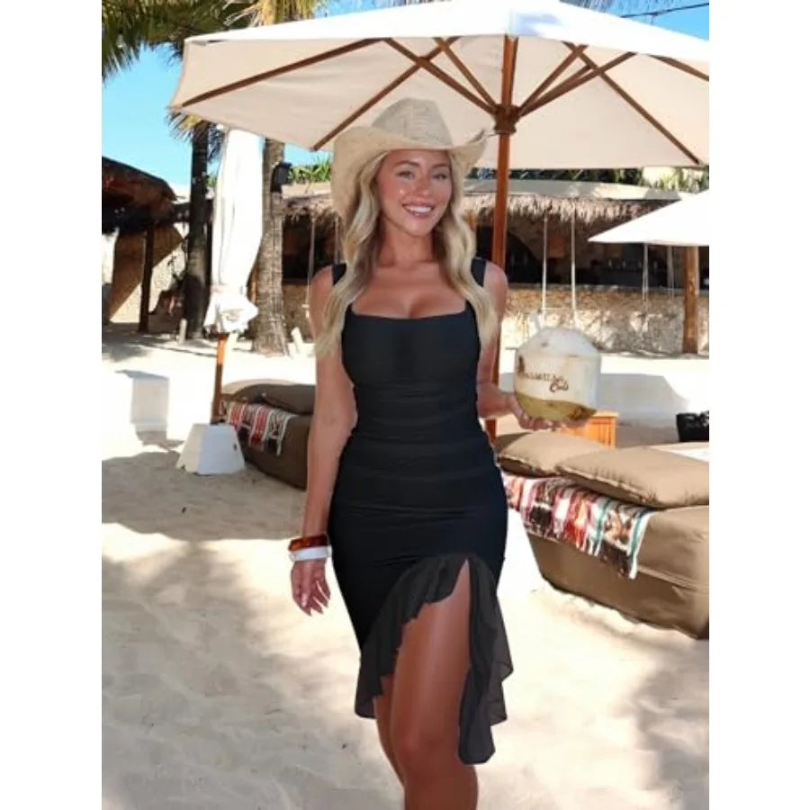 Women's Sexy Ruched Bodycon Midi Dresses Square Neck Sleeveless Ruffle Hem Club Party Tank Dress