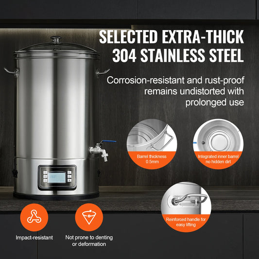 SucceBuy Electric Brewing System 8 GALLON Brewing Stock Pot All-in-One Home Beer Brewer 304 Stainless Steel Brewing Supplies