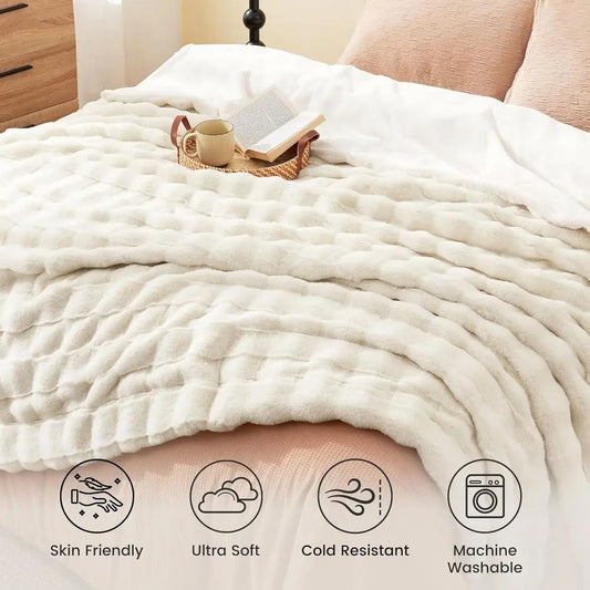 Faux Fur Blanket Queen Size for Bed, Soft Striped Plush Blanket, Thick Throw for Bedroom Couch Gift, 90x90 Inches Cream White