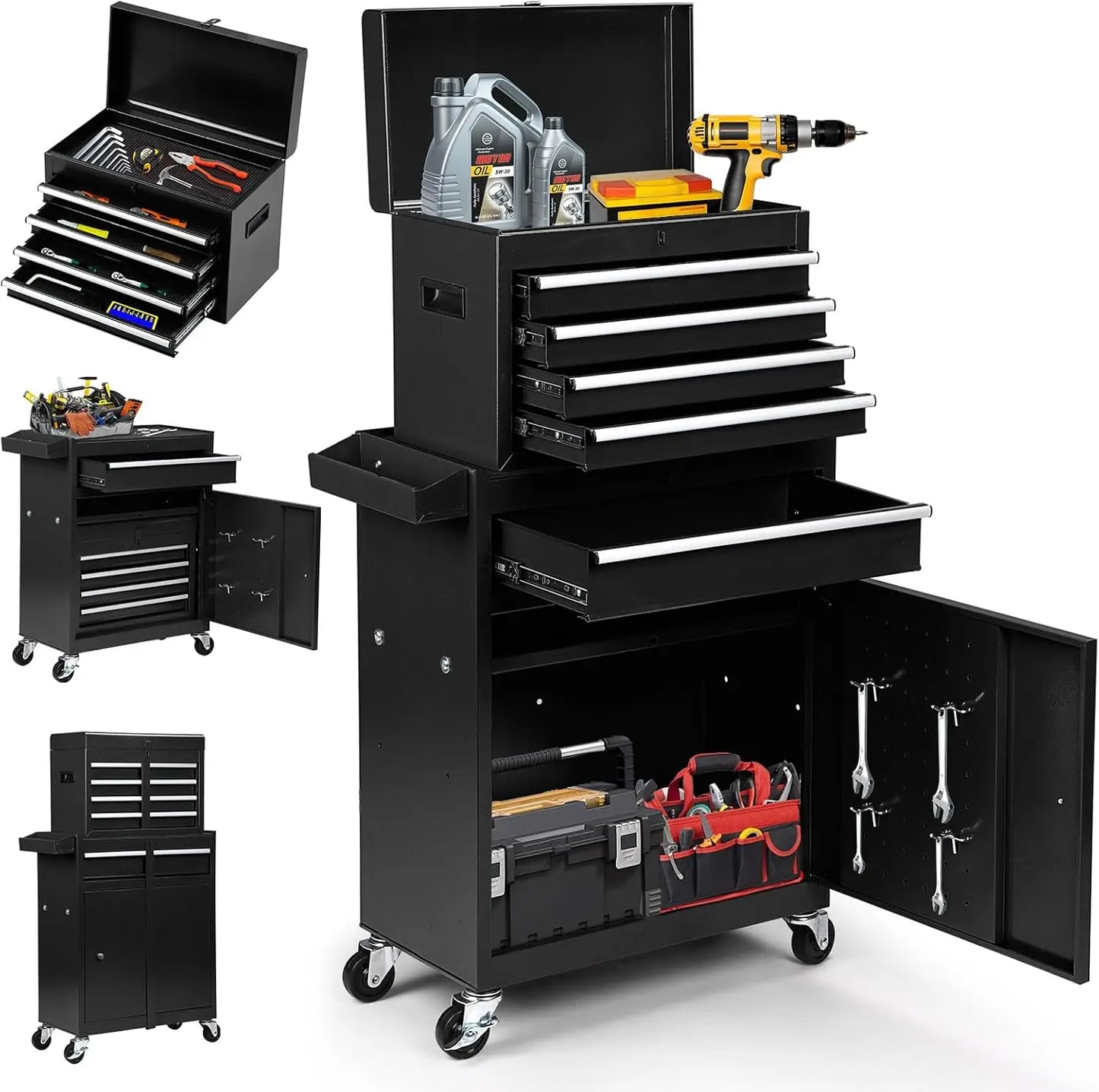 Tool Box Organizer with Lockable Wheels, Sliding Drawers, and Detachable Top, Garage Workshop Tool Storage Cabinet