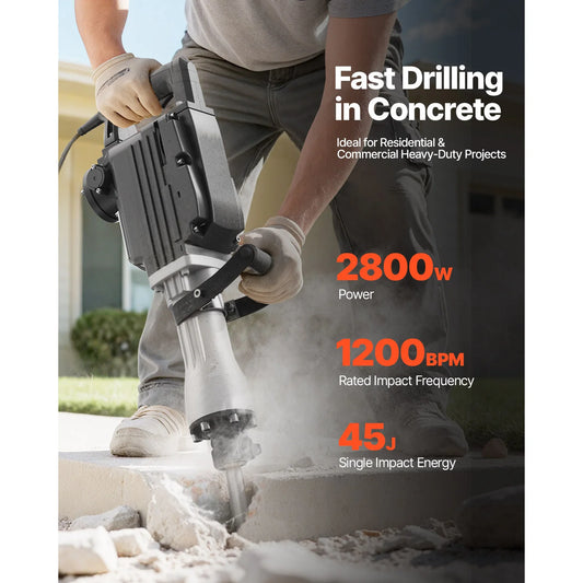 SucceBuy Demolition Jack Hammer 2800 W Powerful Electric Jackhammer 1200 BPM Concrete Breaker with Carrying Case Gloves