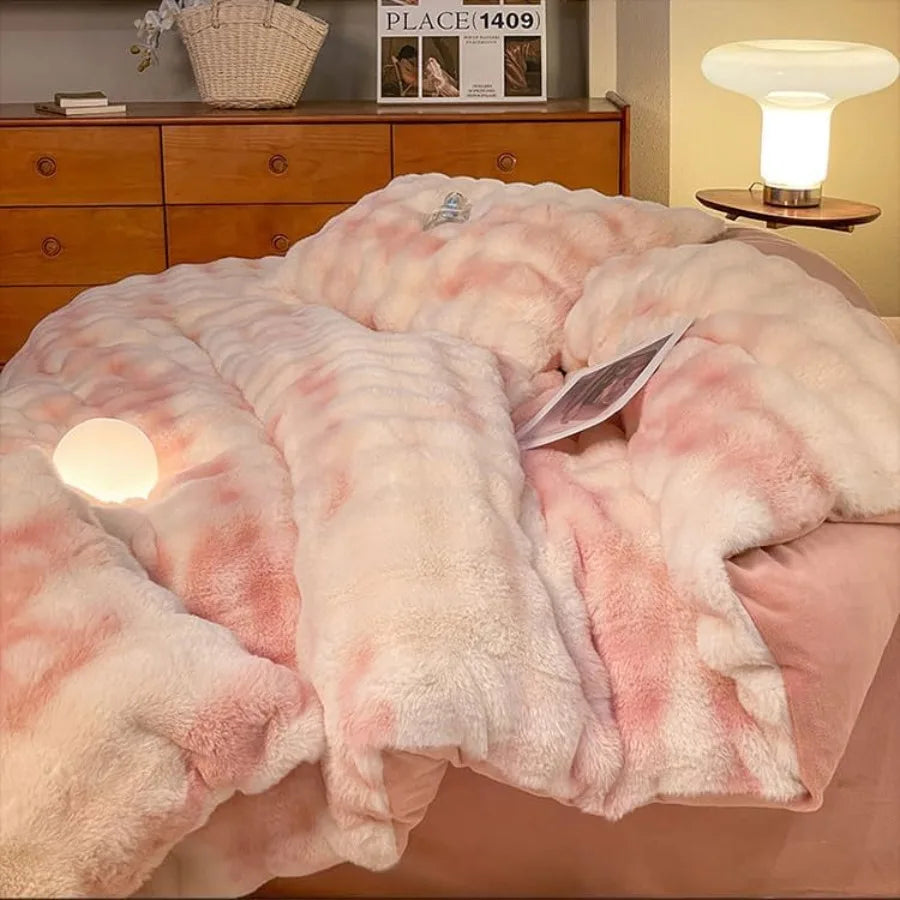 ZYFAB Fluffy Plush Shaggy Bedding Set 4 Pieces Super Soft Winter Reversible Duvet Cover Set Green Full Size Thick Comforter Cov
