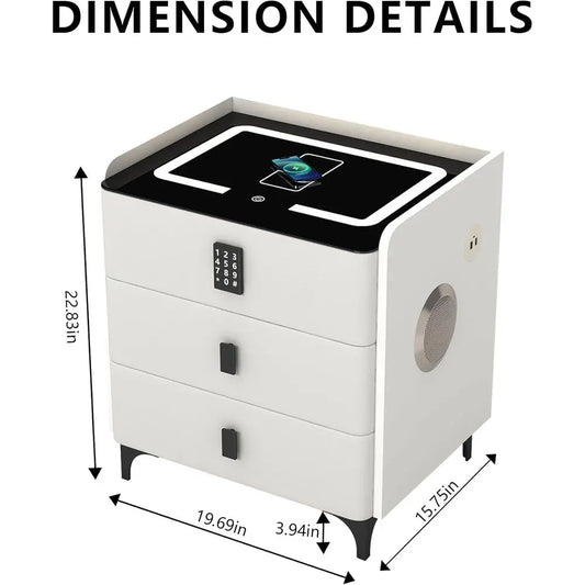 Bedroom LED Nightstand with Charging, Security Code, Wireless Charging, Bluetooth Speaker & USB Port (White)
