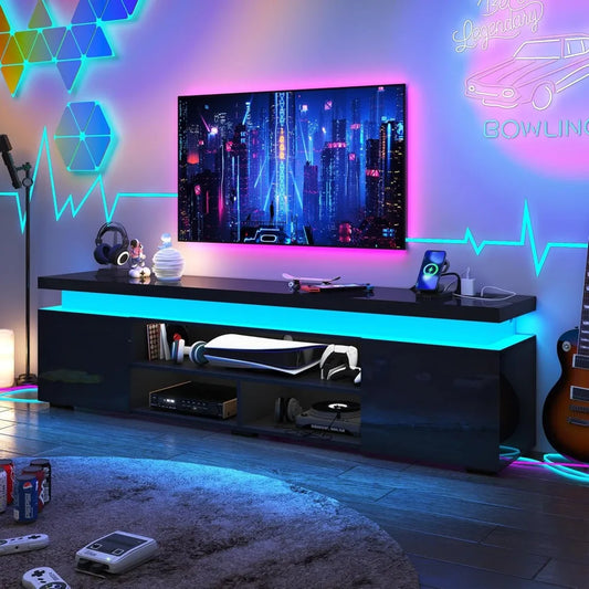 Modern 85 Inch LED TV Stand with Built-in Power Outlet and High Gloss Entertainment Center Featuring Storage and LED Lighting
