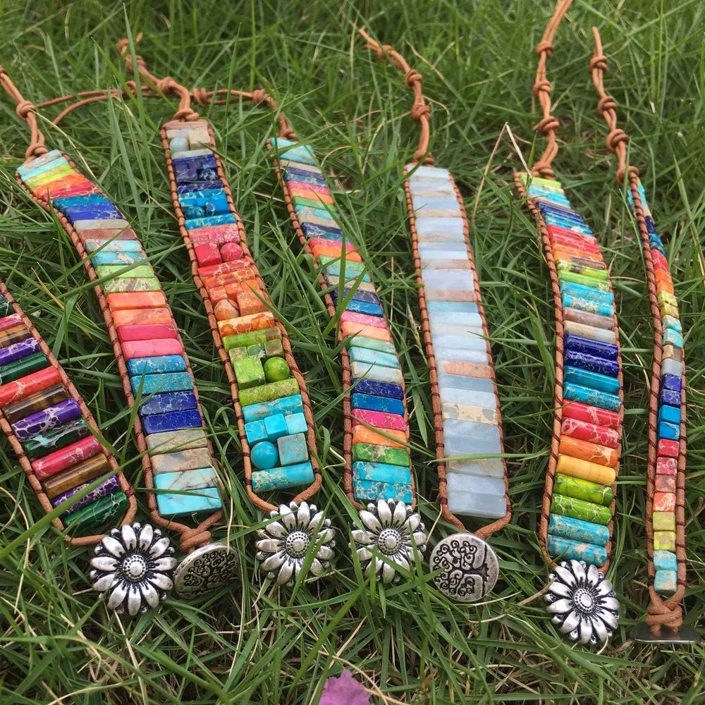 7 Chakra Leather Wrap Bracelet for Women Men with Natural Stone Beads Boho Unisex Jewelry Gift