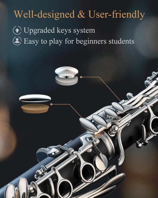 Upgraded Bb Clarinet for Beginners, Silver-Plated Keys with Hard Case & Cleaning Kit