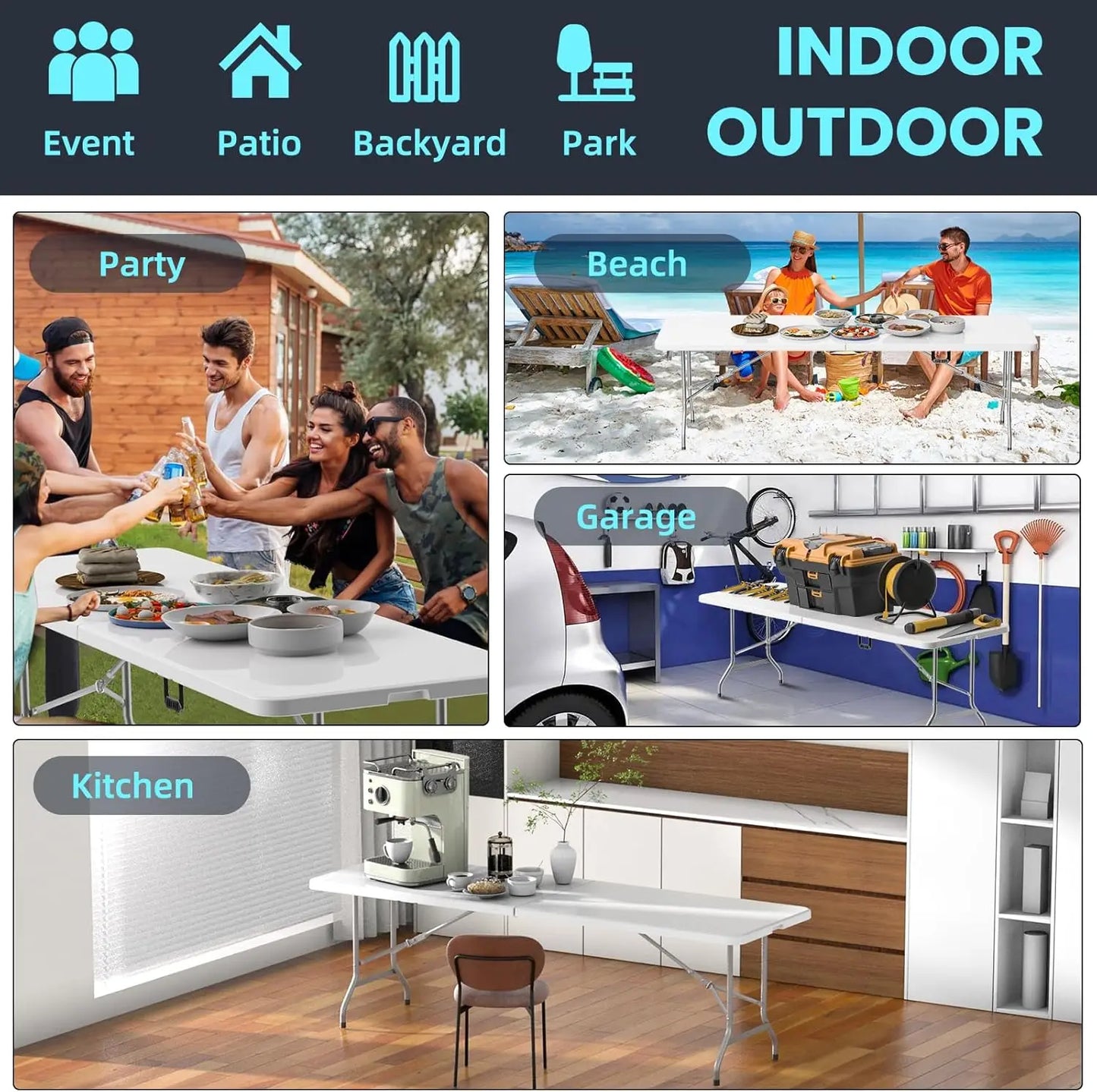 8 ft Folding Picnic Table with Handle & Safety Locks, Portable Outdoor Indoor Plastic Dining Table for Camping, Picnic, Party